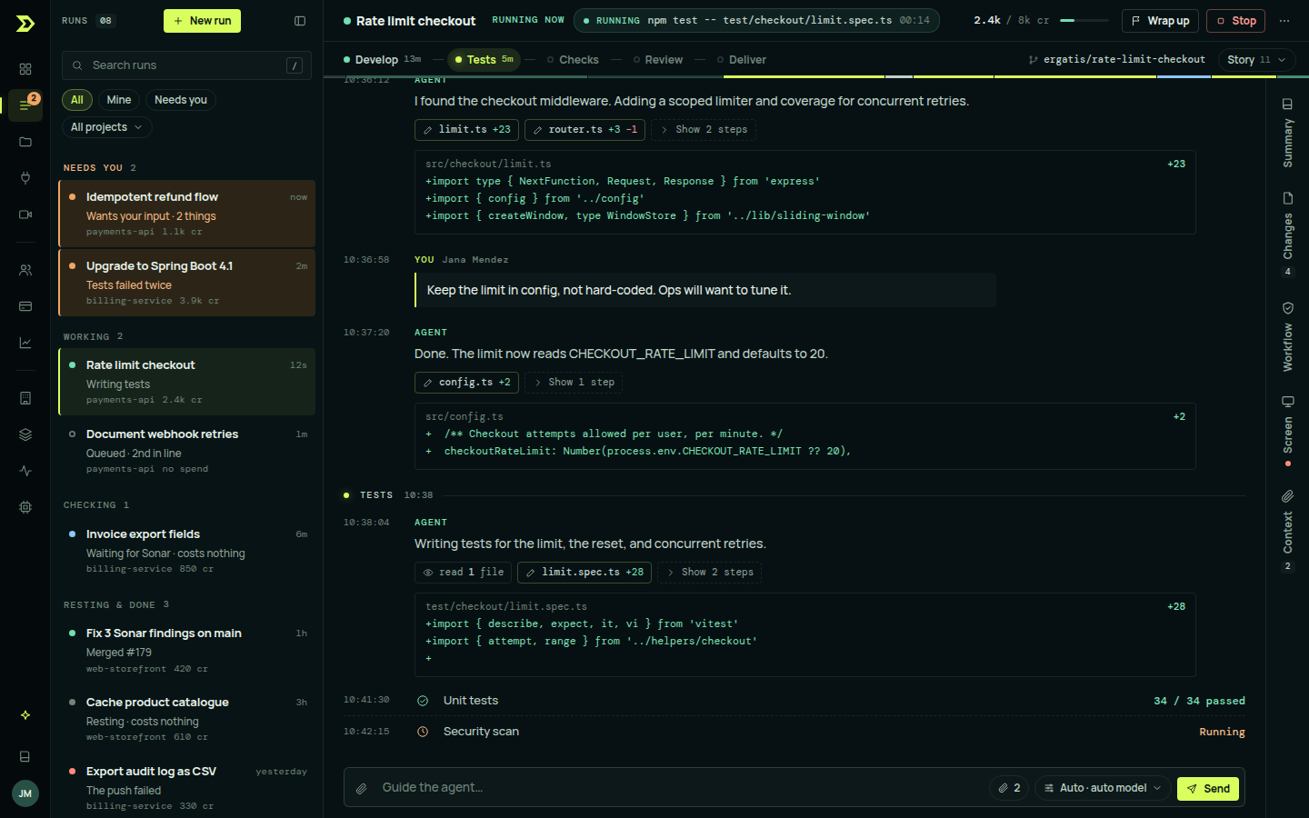 Ergartis task console showing active agent runs, a rate-limiting task, code changes, passing unit tests and a running security scan.